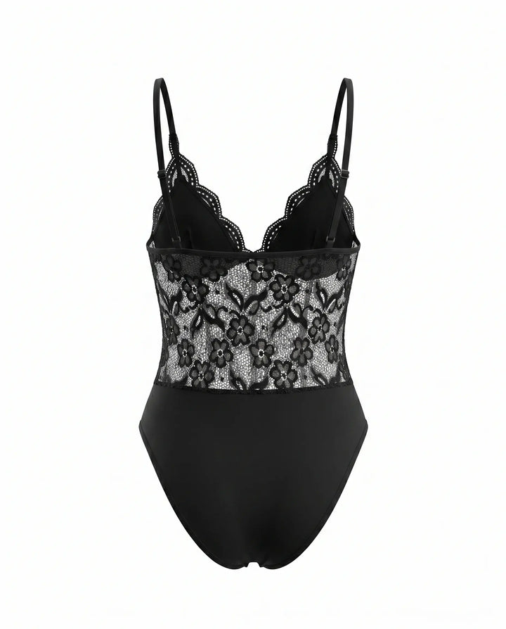SOLACE  Black  Floral Lace Sheer Slim Fit Short Bodysuit 