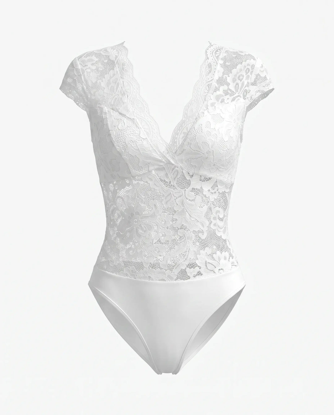 SOLACE  White Floral Lace V Neck Cap Sleeve Bodysuit 