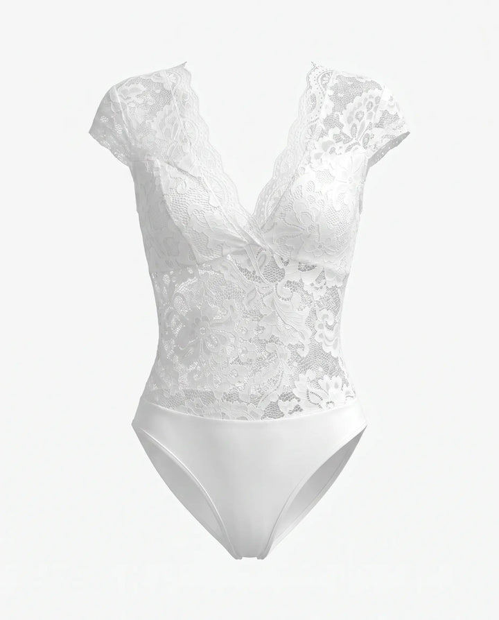 SOLACE  White Floral Lace V Neck Cap Sleeve Bodysuit 