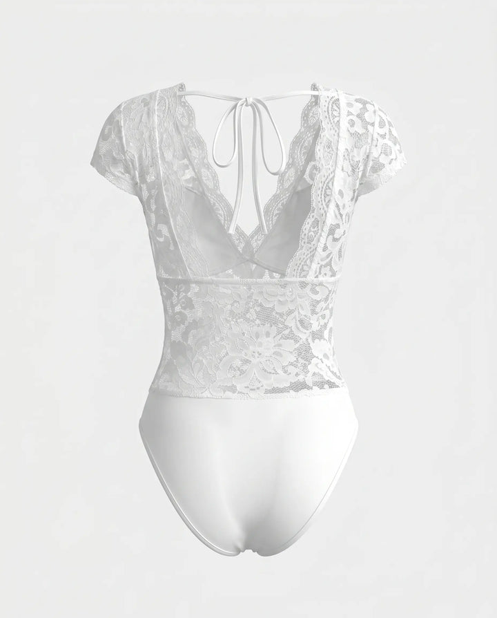 SOLACE  White Floral Lace V Neck Cap Sleeve Bodysuit 