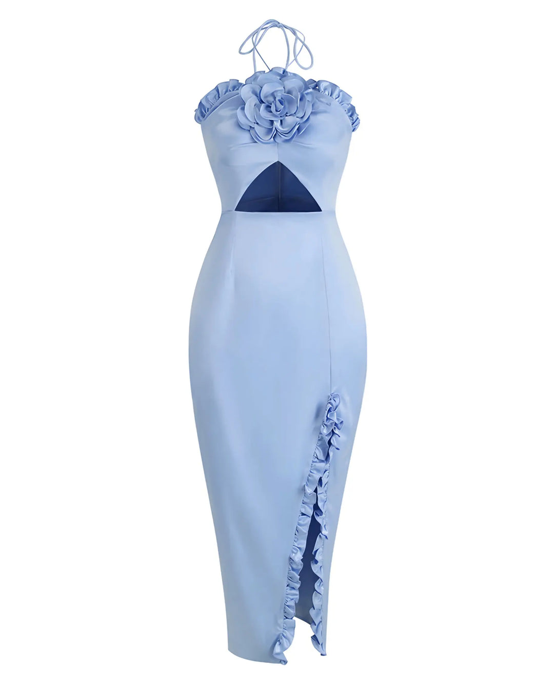 SOLACE  Baby Blue Floral Cut Out Satin Ruffled Slit Slim Fit Maxi Dress 