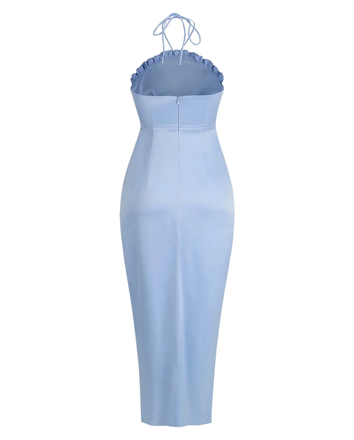 SOLACE  Baby Blue Floral Cut Out Satin Ruffled Slit Slim Fit Maxi Dress 