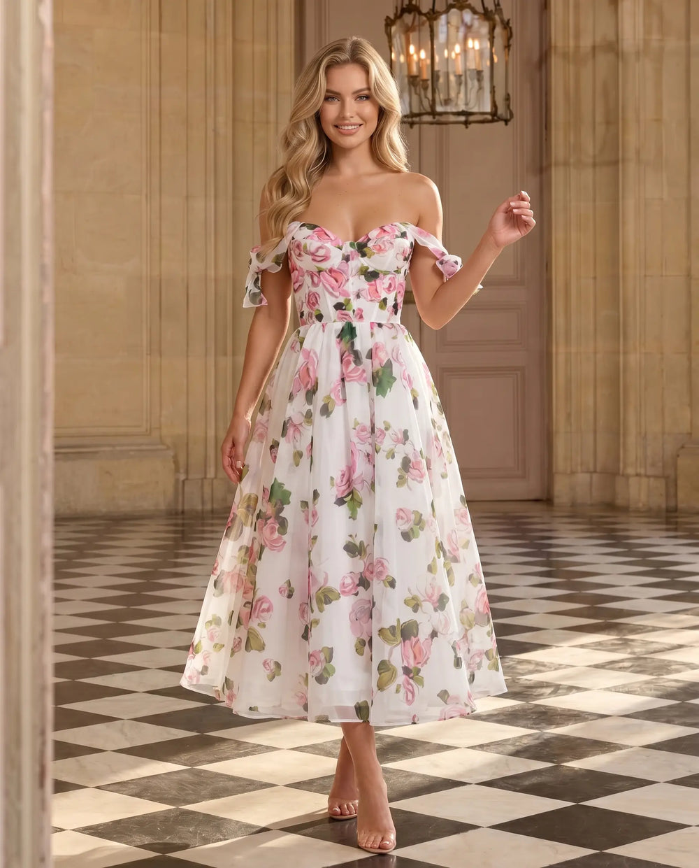 SOLACE  White Floral Print Off Shoulder Chiffon Midi Dress 