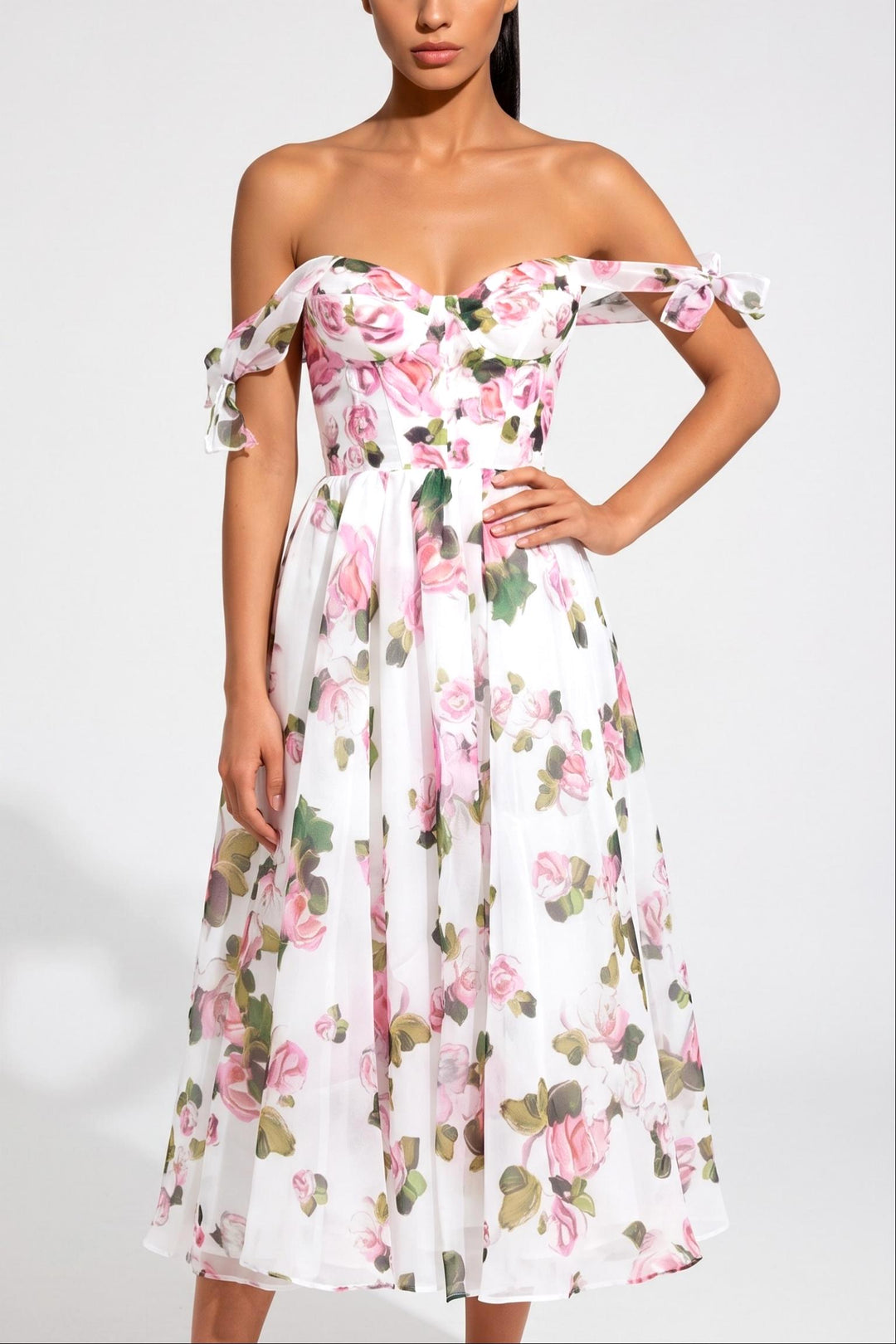 SOLACEWhite Floral Print Off Shoulder Chiffon Midi Dress