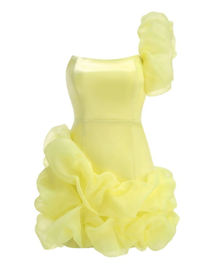 SOLACE  Yellow Rosette Ruffle Textured Fitted Mini Dress 