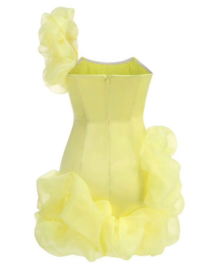 SOLACE  Yellow Rosette Ruffle Textured Fitted Mini Dress 