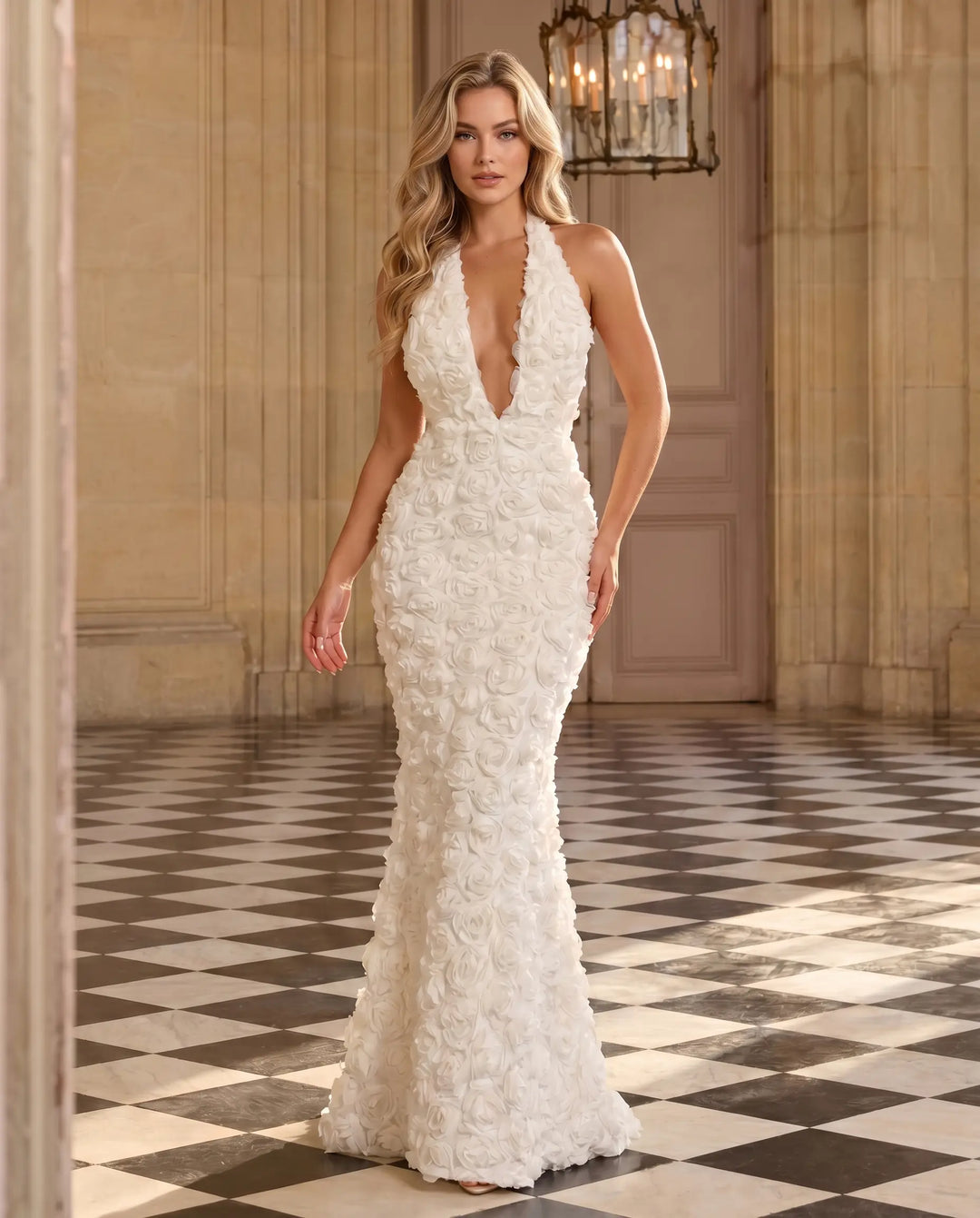 SOLACE  White 3D Rose Deep V Neck Halter Mermaid Maxi Dress 