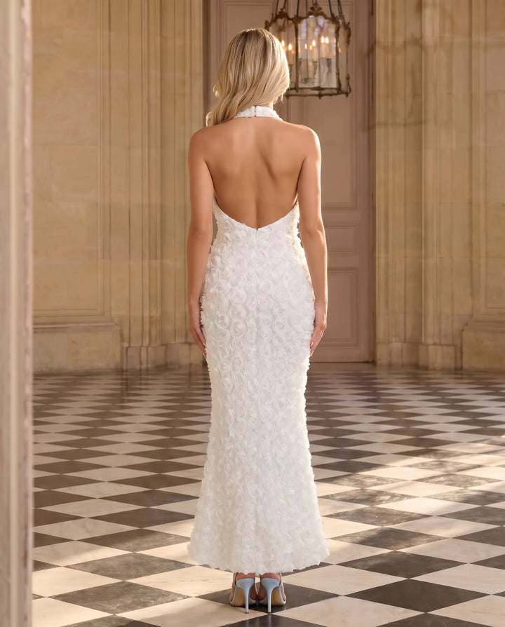 SOLACE  White 3D Rose Deep V Neck Halter Mermaid Maxi Dress 