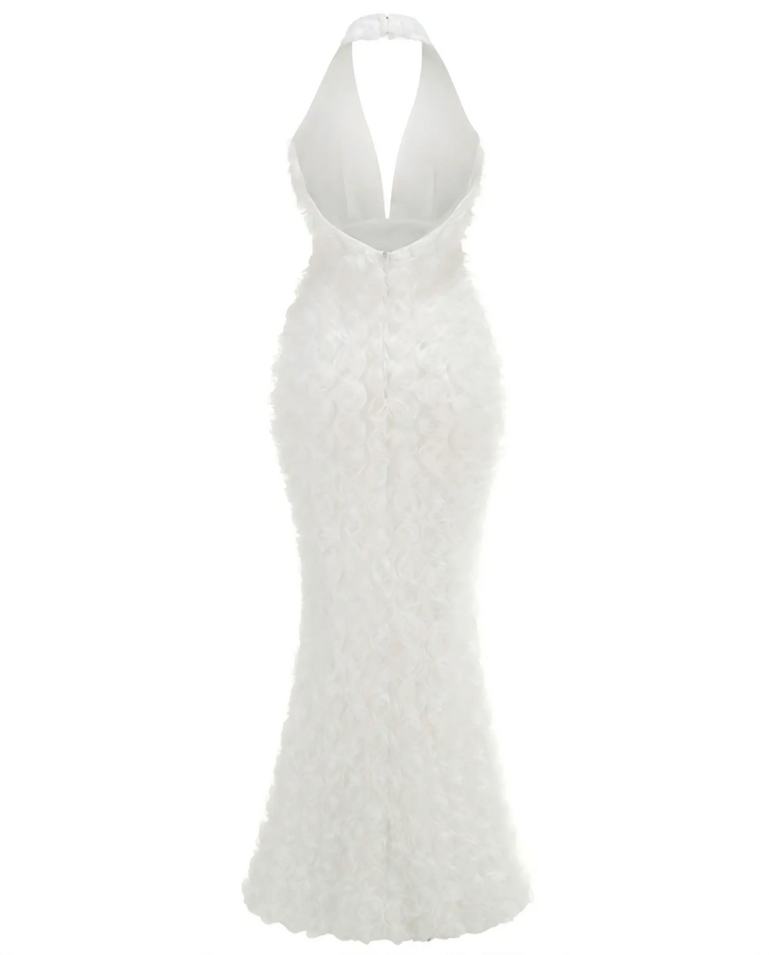 SOLACE  White 3D Rose Deep V Neck Halter Mermaid Maxi Dress 