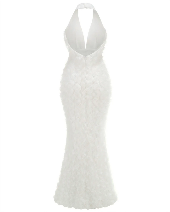 SOLACE  White 3D Rose Deep V Neck Halter Mermaid Maxi Dress 