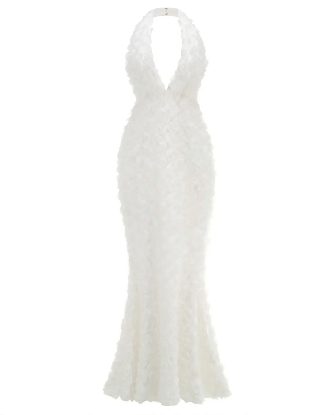 SOLACE  White 3D Rose Deep V Neck Halter Mermaid Maxi Dress 