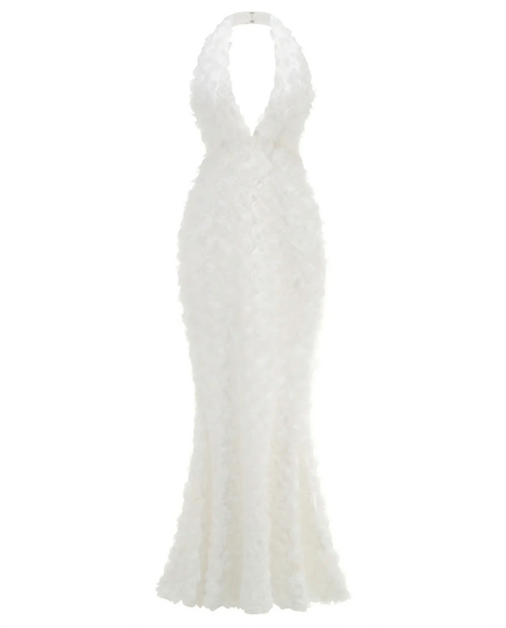 SOLACE  White 3D Rose Deep V Neck Halter Mermaid Maxi Dress 