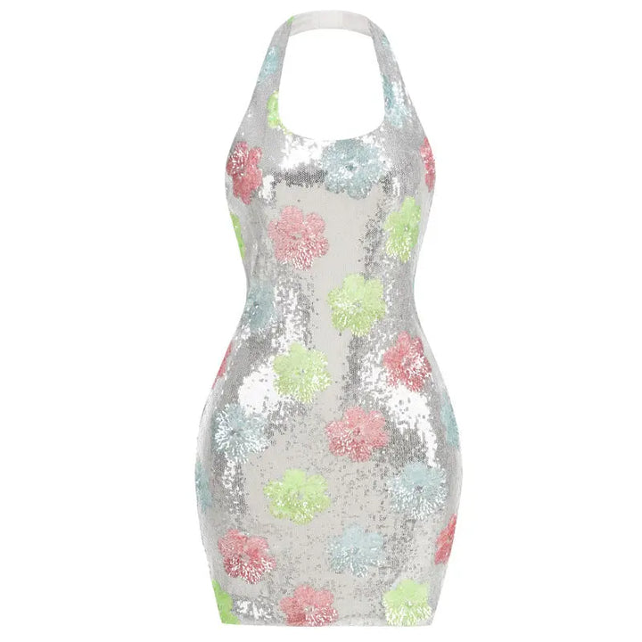 SOLACE  Silver Sparkling Floral Pattern Sequined Slim Fit Mini Dress 