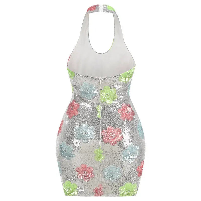 SOLACE  Silver Sparkling Floral Pattern Sequined Slim Fit Mini Dress 