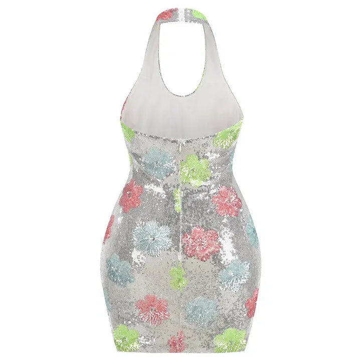 SOLACE  Silver Sparkling Floral Pattern Sequined Slim Fit Mini Dress 
