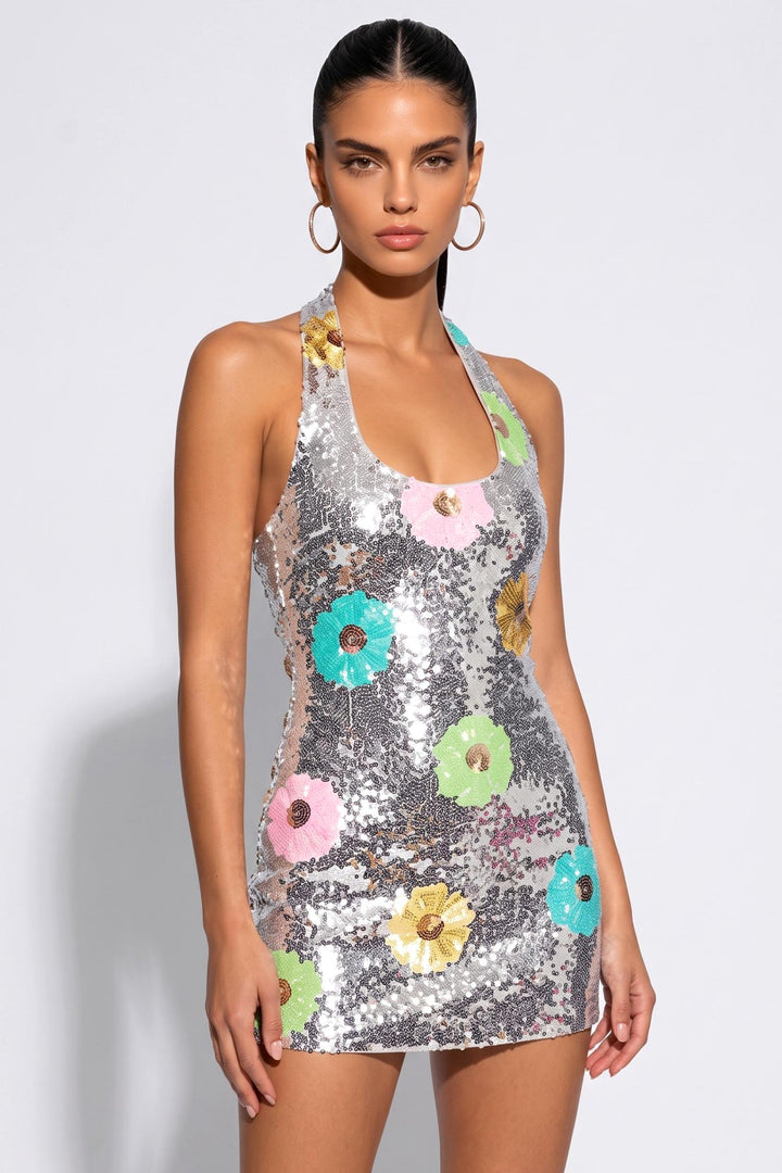 SOLACESilver Sparkling Floral Pattern Sequined Slim Fit Mini Dress