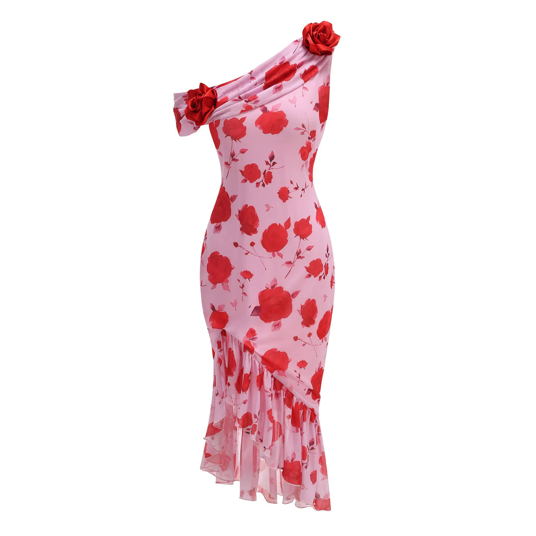 SOLACE  Pink Red Rose Print One Shoulder Ruffle Hem Midi Dress 