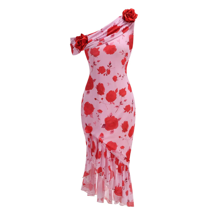 SOLACE  Pink Red Rose Print One Shoulder Ruffle Hem Midi Dress 