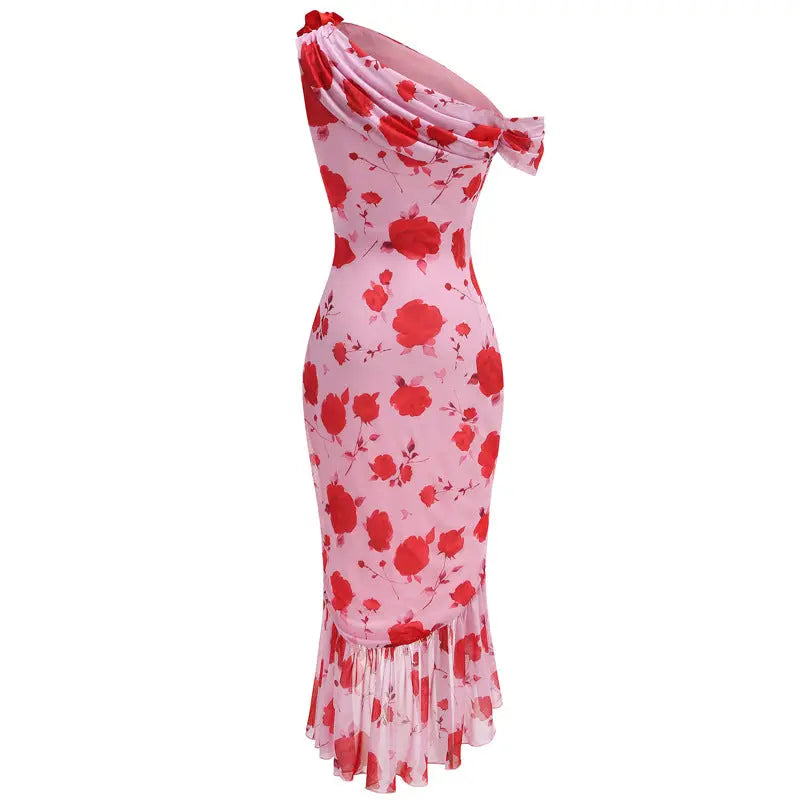 SOLACE  Pink Red Rose Print One Shoulder Ruffle Hem Midi Dress 
