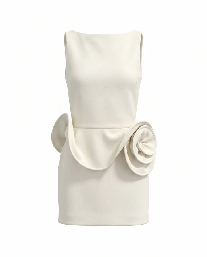 SOLACE  Cream White 3D Floral Rosette Sleeveless Fitted Mini Dress 