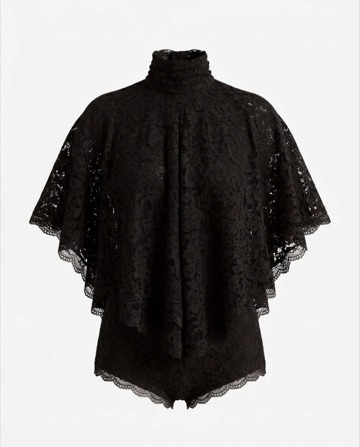 SOLACE  Black Lace High Neck Cape Top Shorts Set 