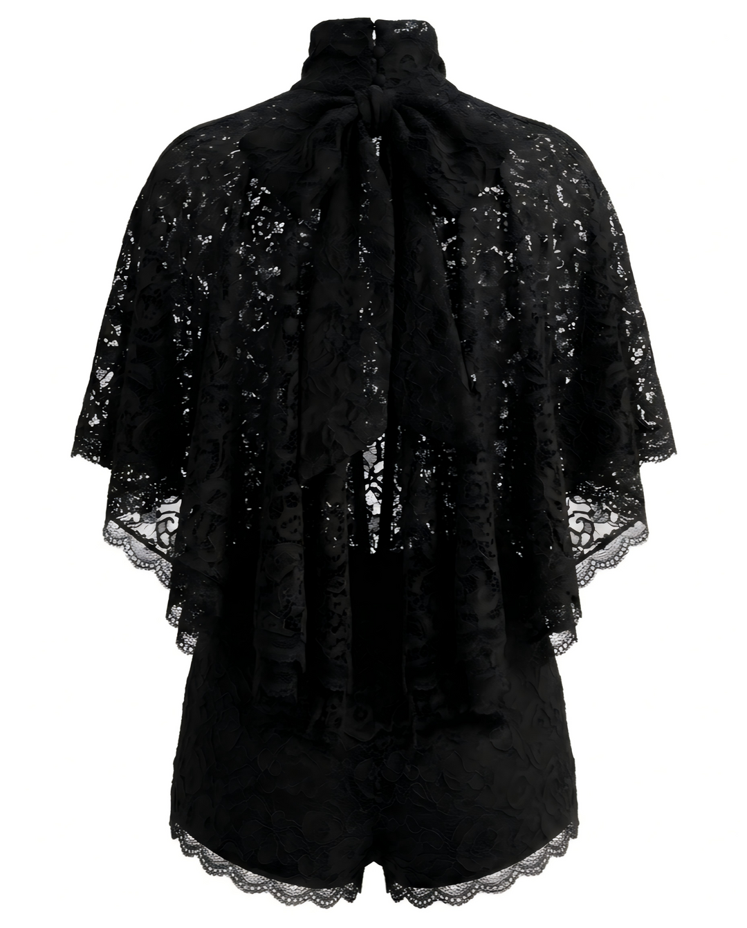 SOLACE  Black Lace High Neck Cape Top Shorts Set 