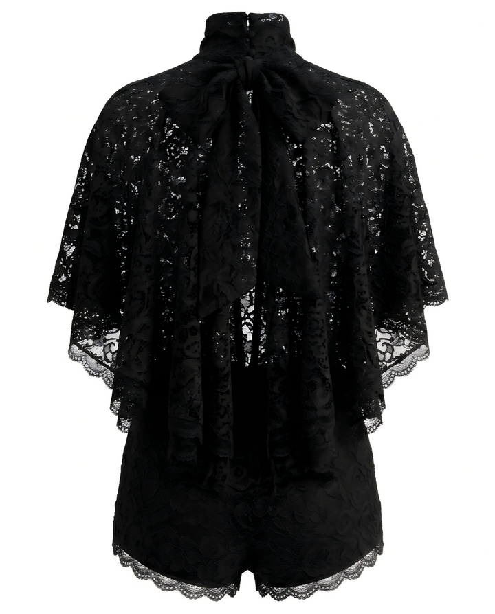 SOLACE  Black Lace High Neck Cape Top Shorts Set 