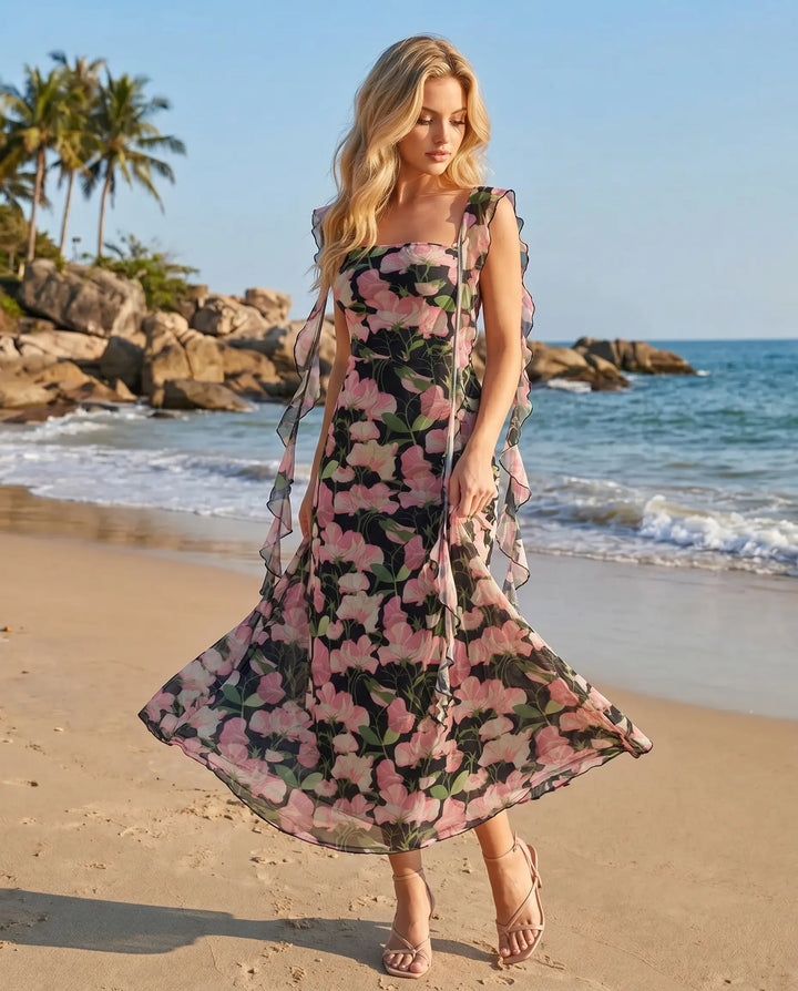 SOLACE  Black Floral Print Ruffle Strap Maxi Dress 