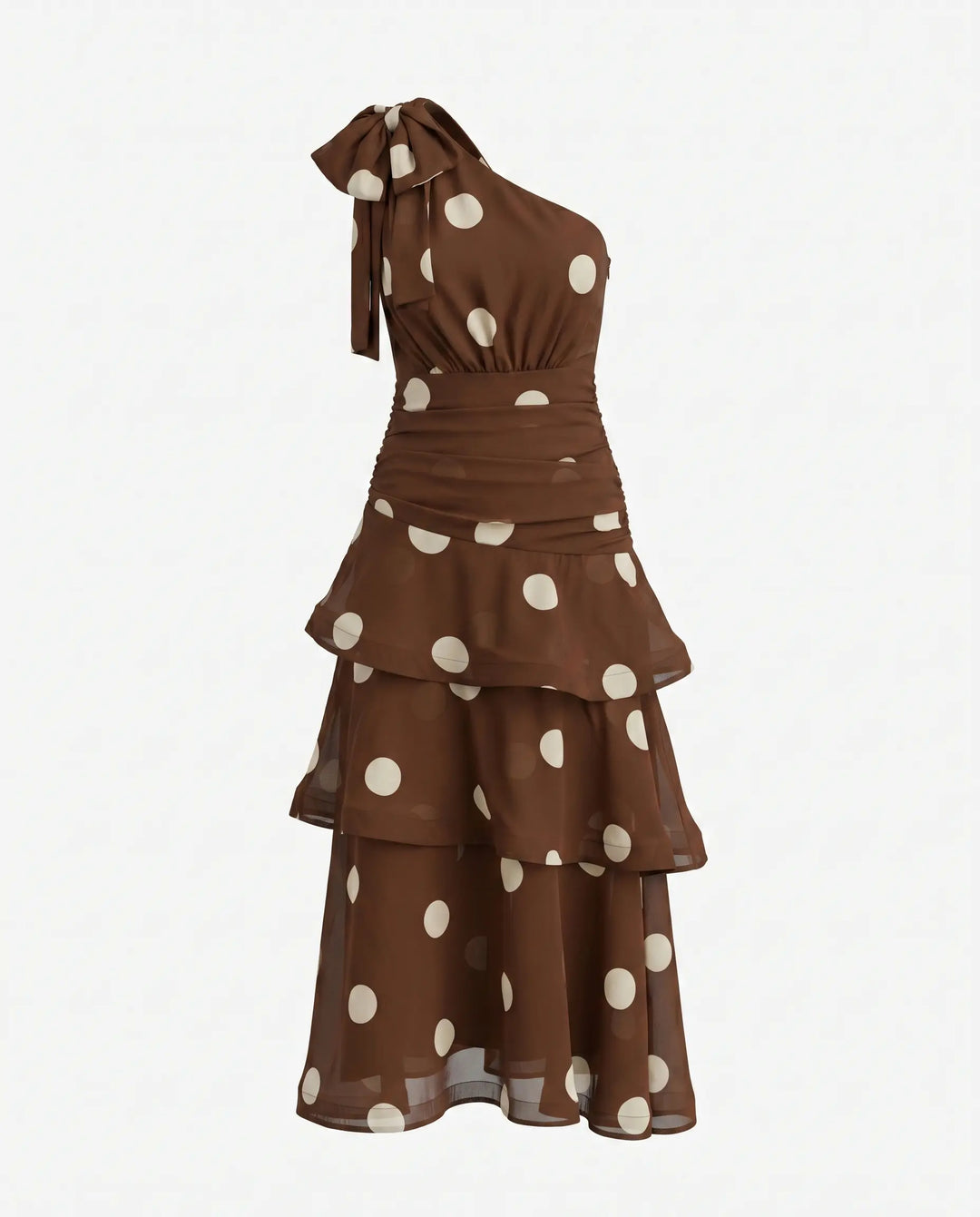 SOLACE  Brown Polka Dot One Shoulder Tiered Chiffon Midi Dress 