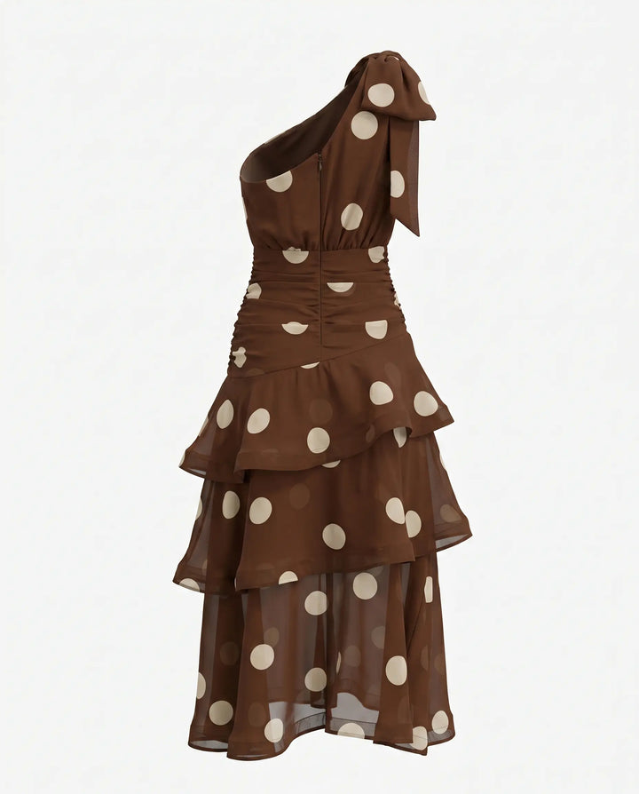 SOLACE  Brown Polka Dot One Shoulder Tiered Chiffon Midi Dress 