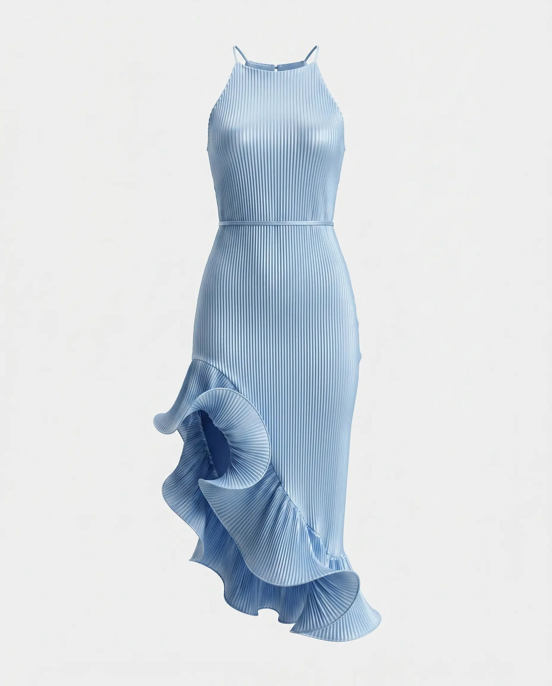 SOLACE  Light Blue High Slit Ribbed Knit Slim Fit Midi Dress 