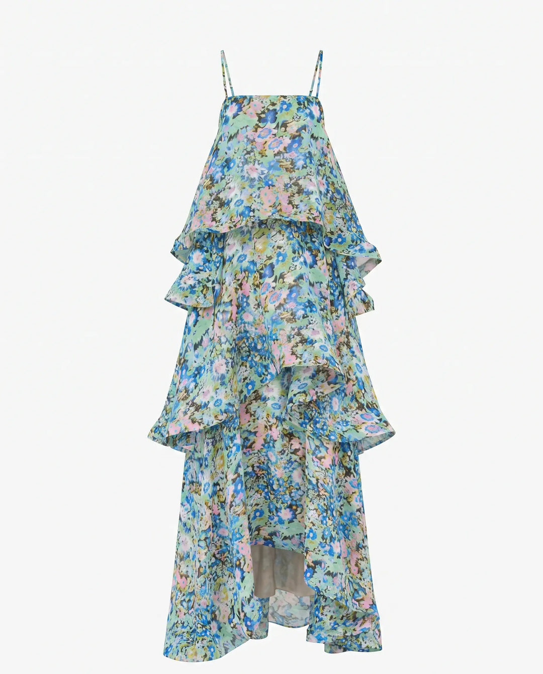 SOLACE  Blue Green Floral Print Tiered  Chiffon Maxi Dress 