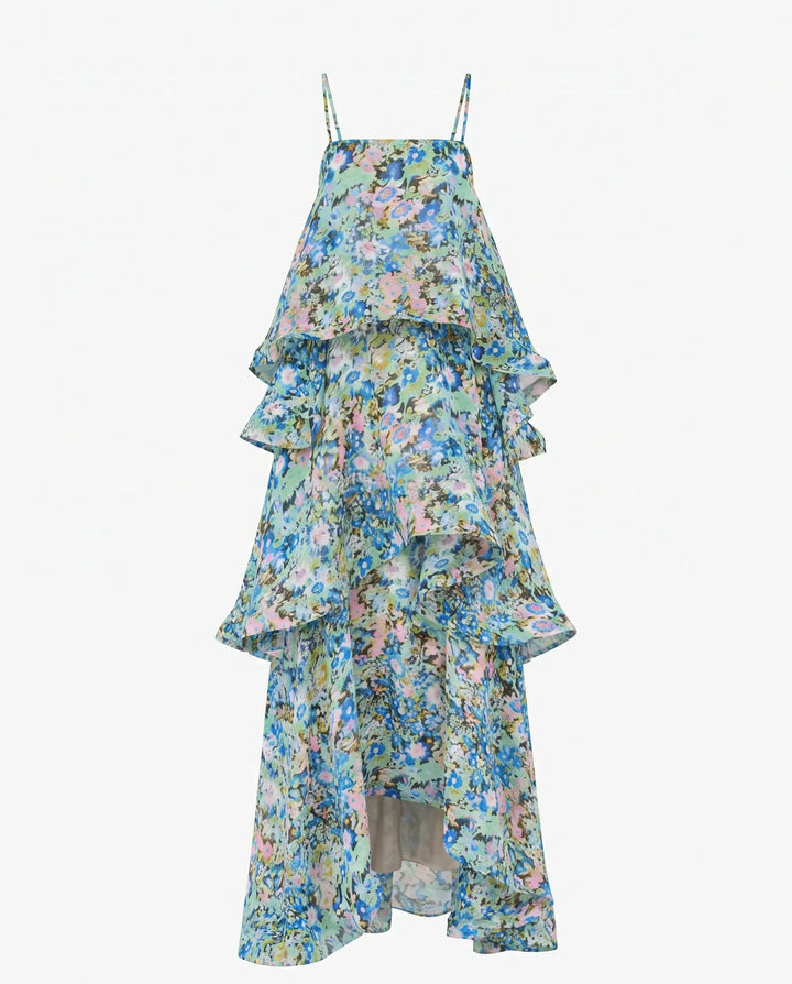 SOLACE  Blue Green Floral Print Tiered  Chiffon Maxi Dress 
