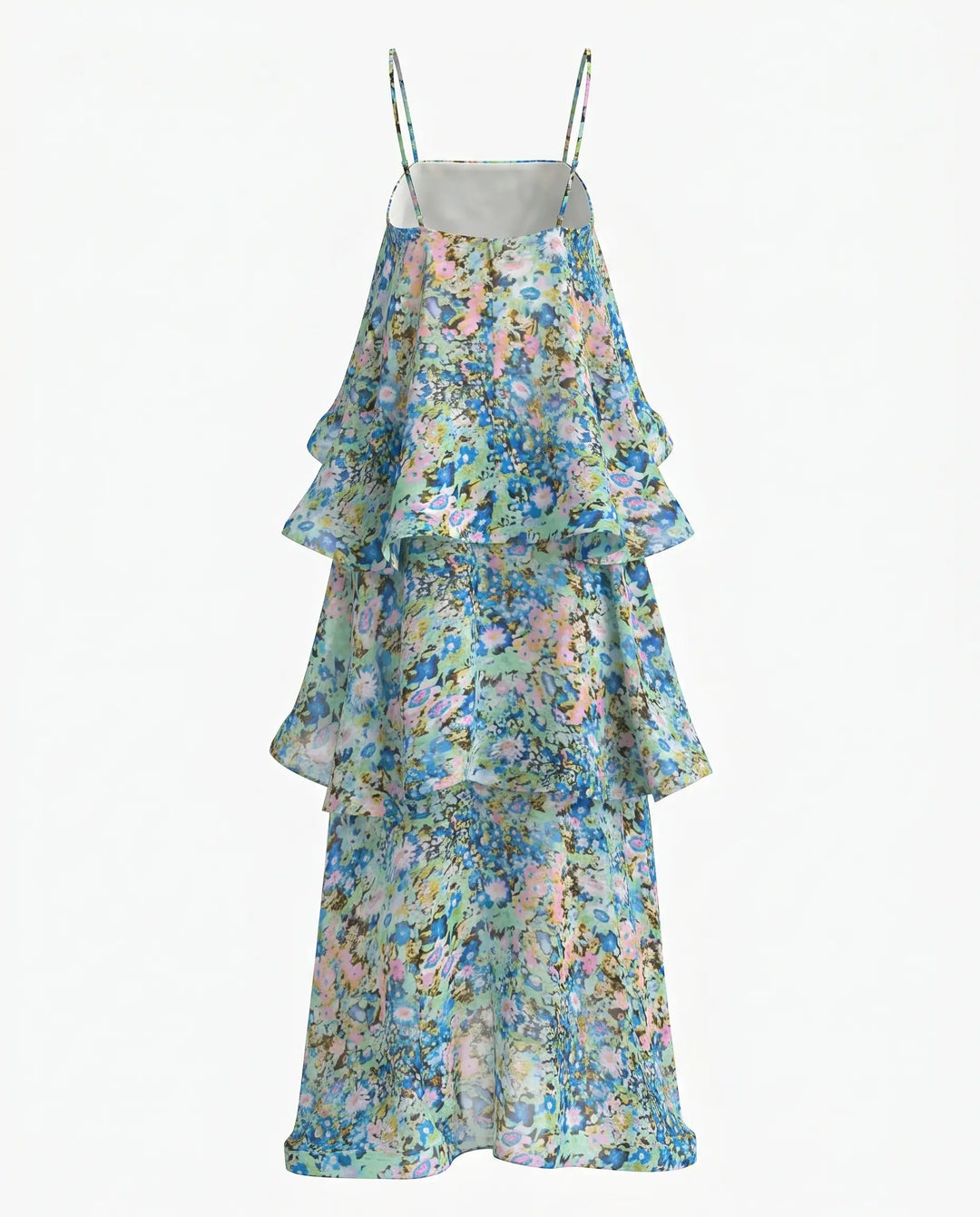 SOLACE  Blue Green Floral Print Tiered  Chiffon Maxi Dress 