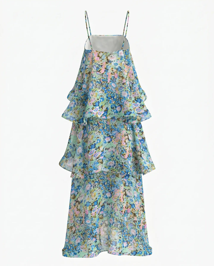 SOLACE  Blue Green Floral Print Tiered  Chiffon Maxi Dress 