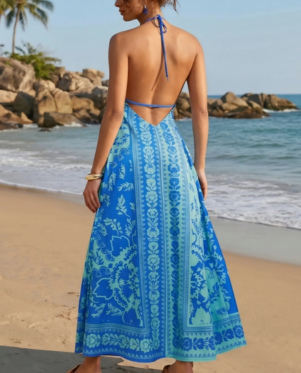 SOLACE  Blue Floral Print Halter Backless Midi Dress 