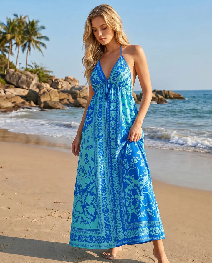SOLACE  Blue Floral Print Halter Backless Midi Dress 