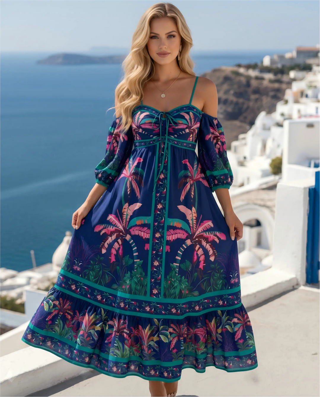 SOLACE  Blue Tropical Palm Print Off Shoulder Midi Dress 