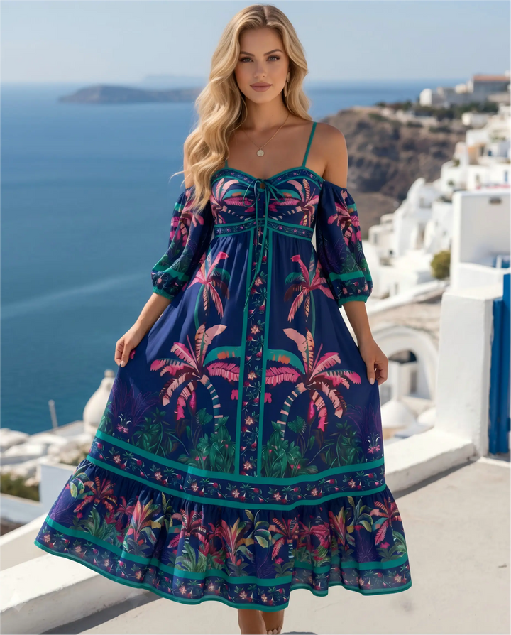 SOLACE  Blue Tropical Palm Print Off Shoulder Midi Dress 