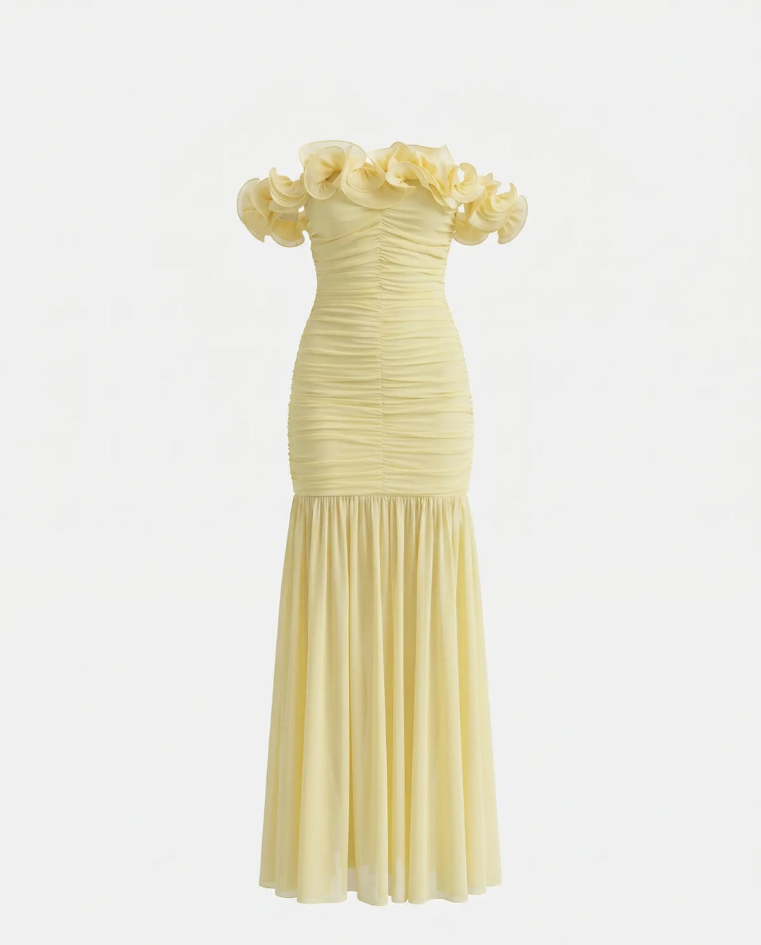 SOLACE  Pale Yellow Ruffled Ruched Slim Fit Maxi Evening Dress 