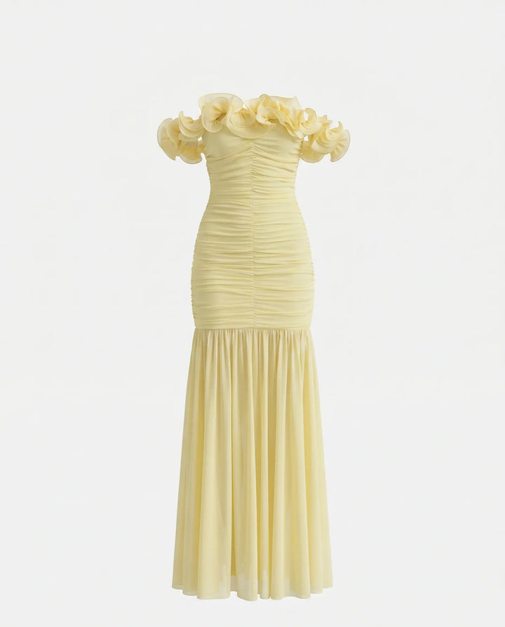 SOLACE  Pale Yellow Ruffled Ruched Slim Fit Maxi Evening Dress 