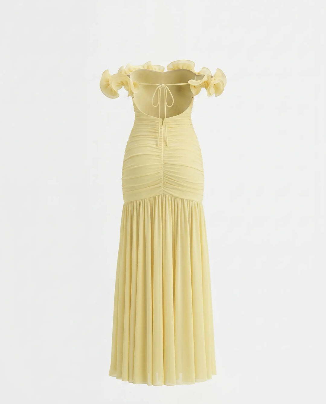 SOLACE  Pale Yellow Ruffled Ruched Slim Fit Maxi Evening Dress 