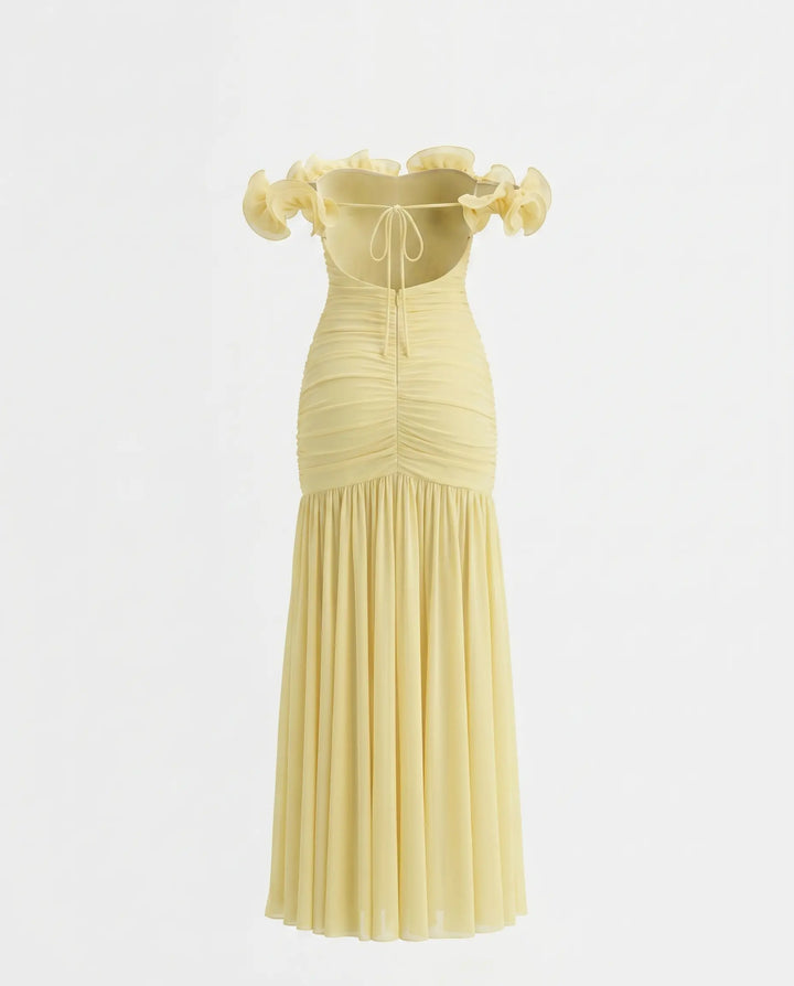 SOLACE  Pale Yellow Ruffled Ruched Slim Fit Maxi Evening Dress 
