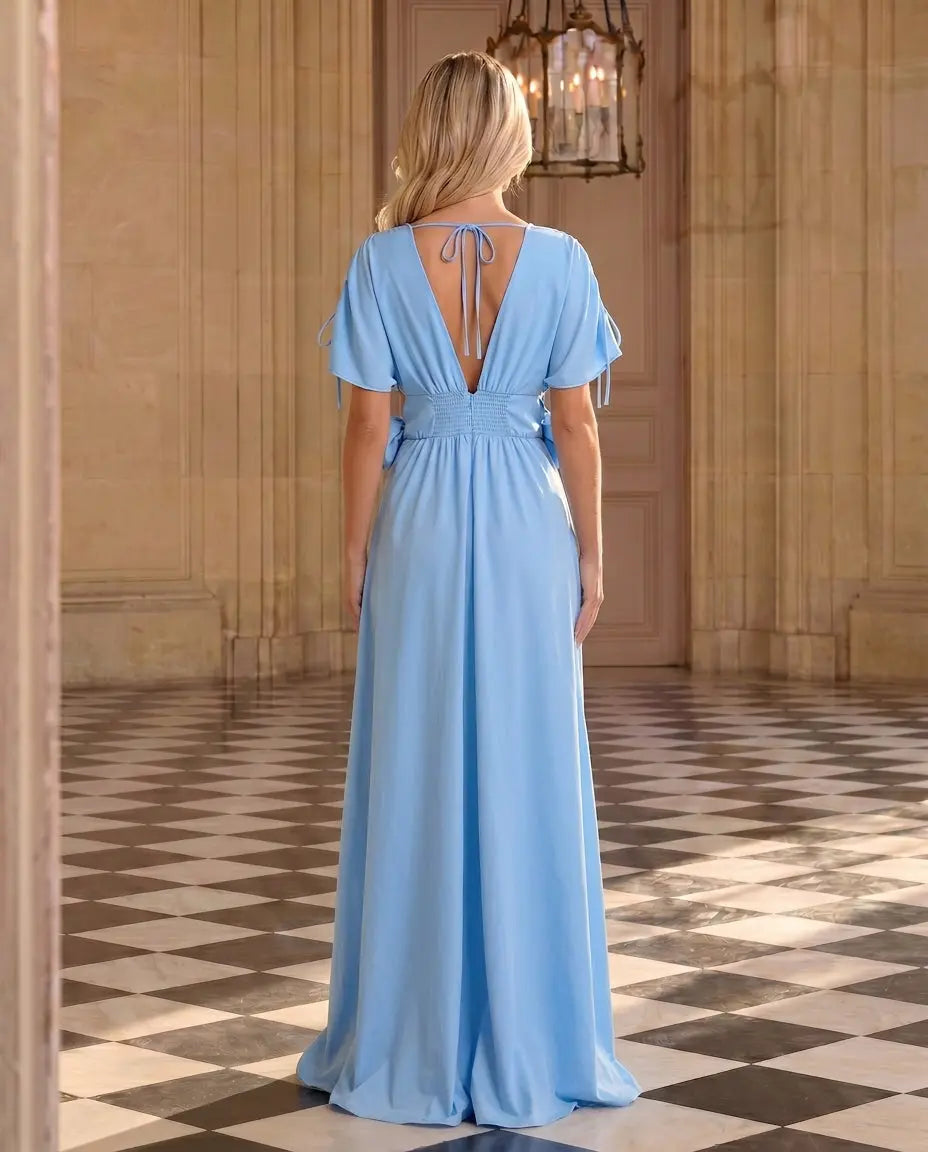 SOLACE  Light Blue 3D Floral Accent V Neck Relaxed Fit Maxi Dress 