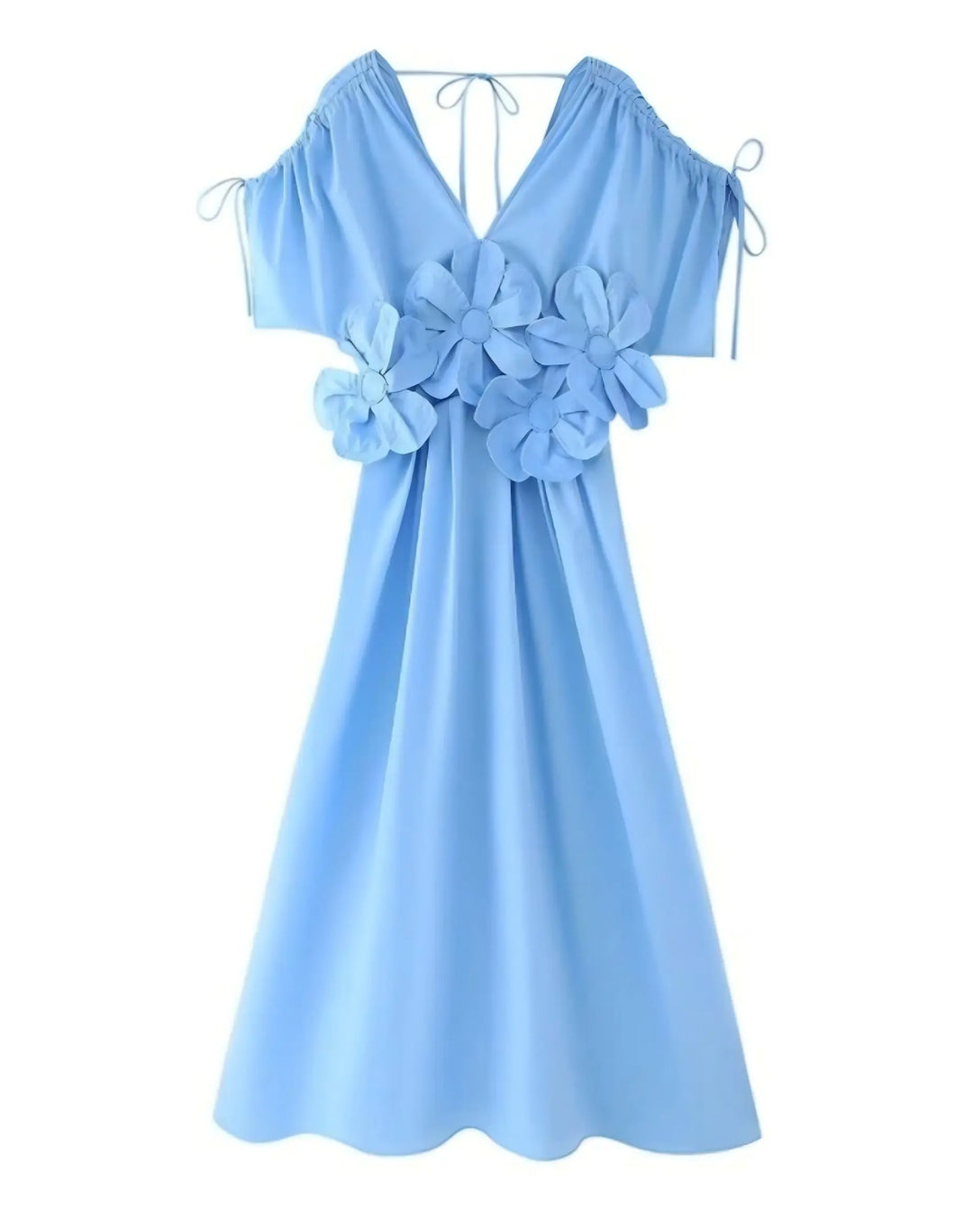 SOLACE  Light Blue 3D Floral Accent V Neck Relaxed Fit Maxi Dress 