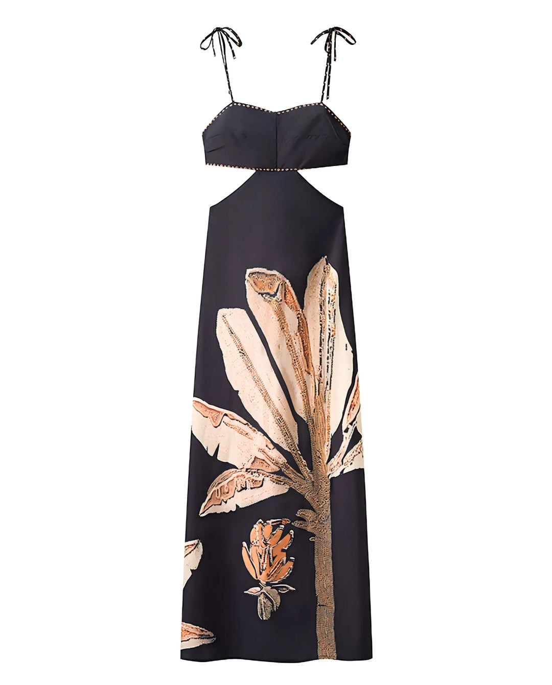 SOLACE  Black Plant Print Cutout Waist Tie Back Spaghetti Strap Maxi Dress 