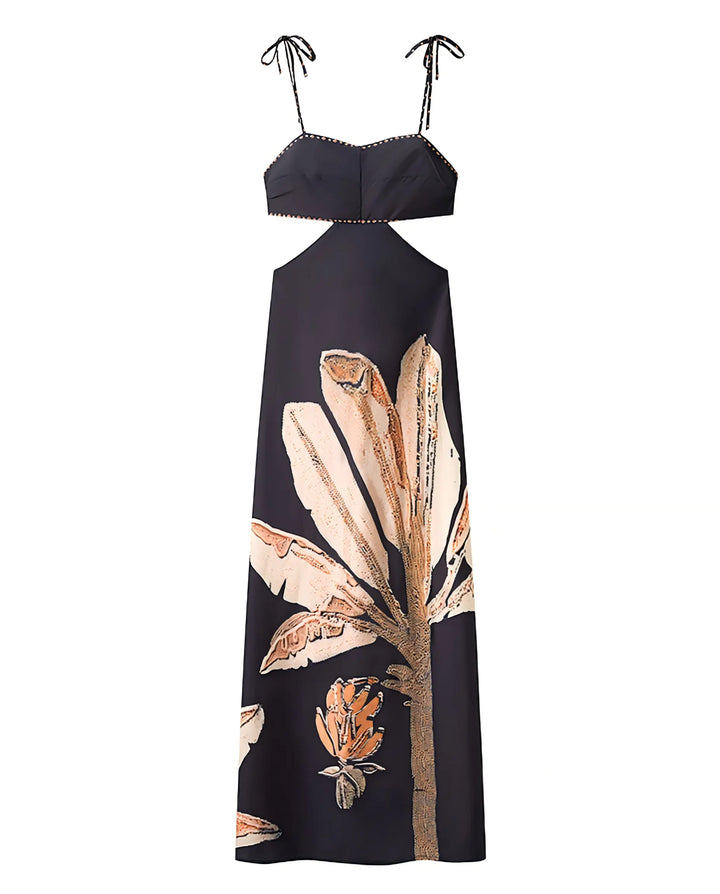 SOLACE  Black Plant Print Cutout Waist Tie Back Spaghetti Strap Maxi Dress 