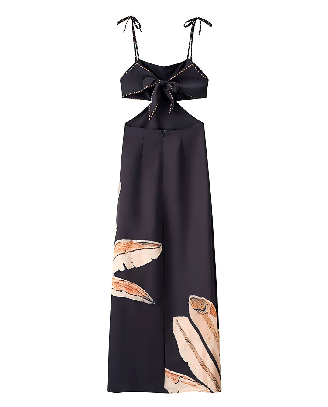 SOLACE  Black Plant Print Cutout Waist Tie Back Spaghetti Strap Maxi Dress 