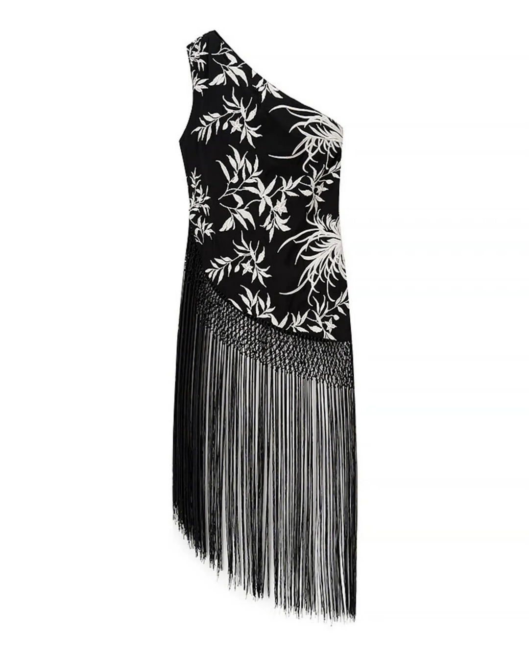 SOLACE  Black Floral Print One Shoulder Fringe Mini Dress 