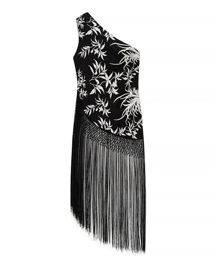 SOLACE  Black Floral Print One Shoulder Fringe Mini Dress 